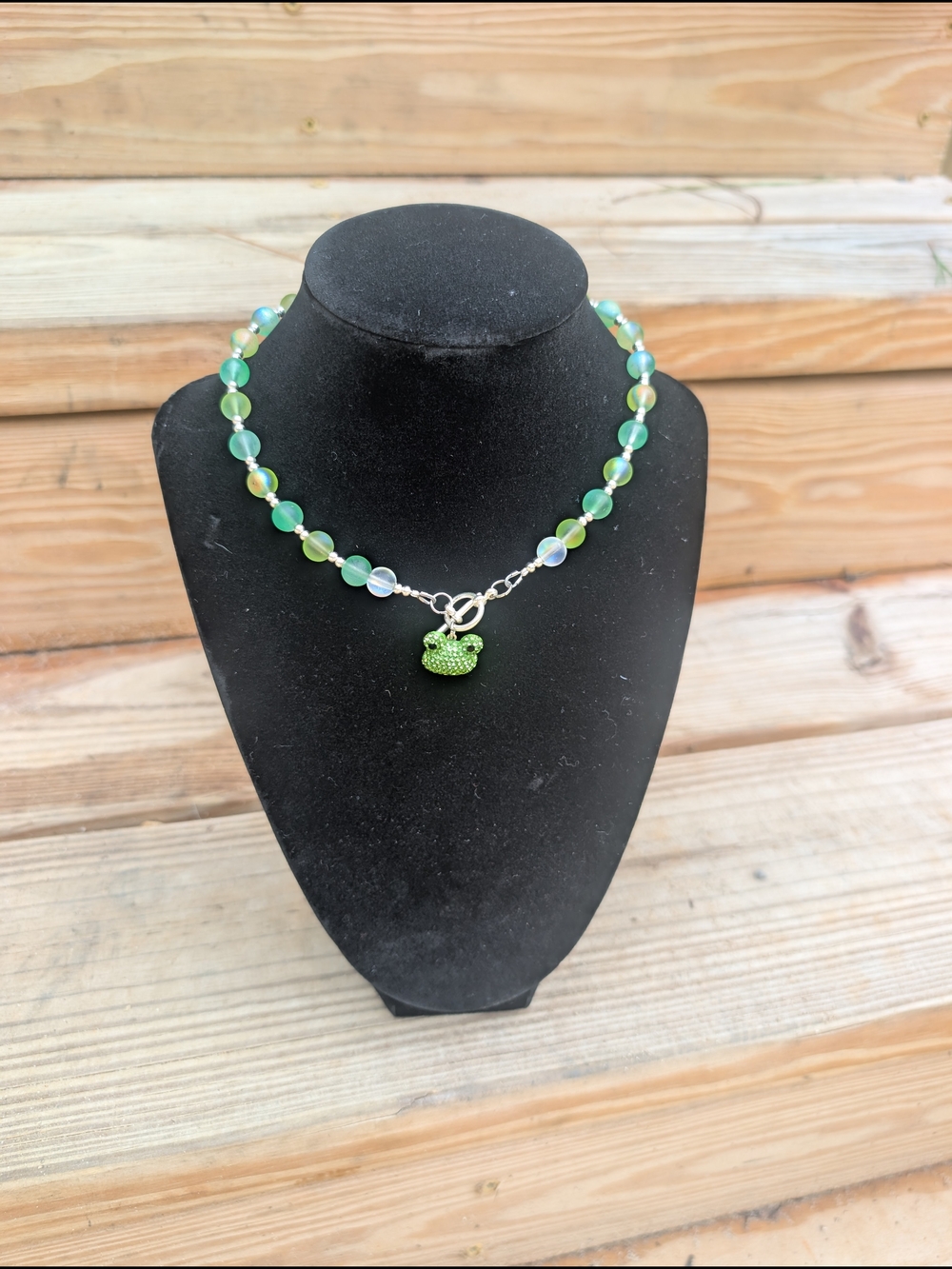 Hand Crafted Green Beaded Necklace with Frog Charm